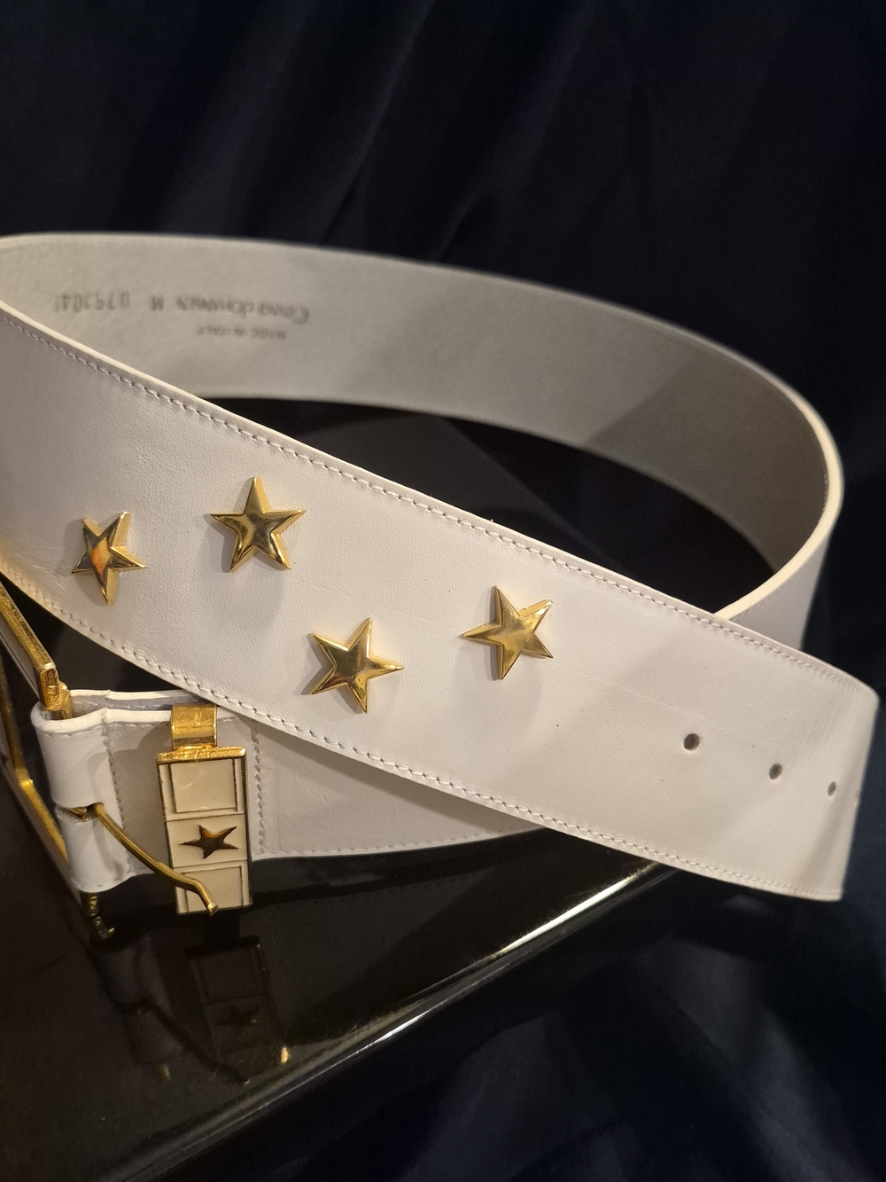 VINTAGE White Leather Star-Stud Belt with Gold Buckle